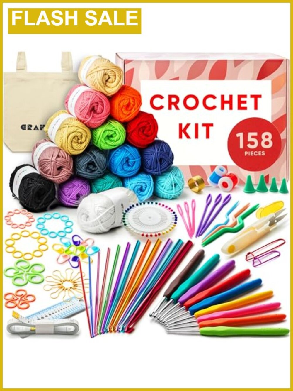 158 Piece Crochet Kit for Beginners Adults & Kids with 16 Yarn Colors, Hooks,